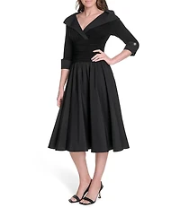 Jessica Howard Jersey Taffeta 3/4 Sleeve Portrait Collar Ruched A-Line Midi Dress