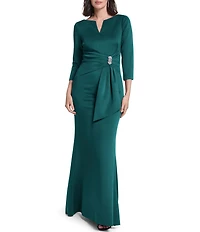 Jessica Howard 3/4 Sleeve V Neck Ruched Waistband Long Dress