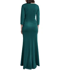 Jessica Howard 3/4 Sleeve V Neck Ruched Waistband Long Dress
