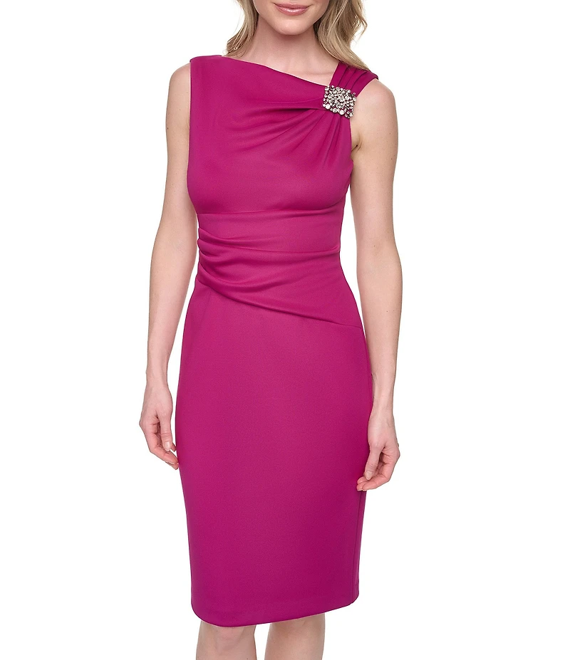 Jessica Howard Asymmetrical Hardware Neck Sleeveless Ruched Sheath Dress