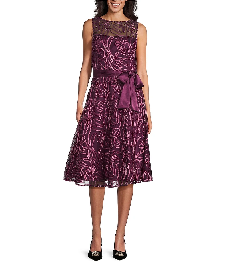Jessica Howard Boatneck Sleeveless Tie Sash Floral Soutache Fit and Flare Dress