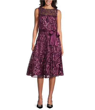 Jessica Howard Boatneck Sleeveless Tie Sash Floral Soutache Fit and Flare Dress