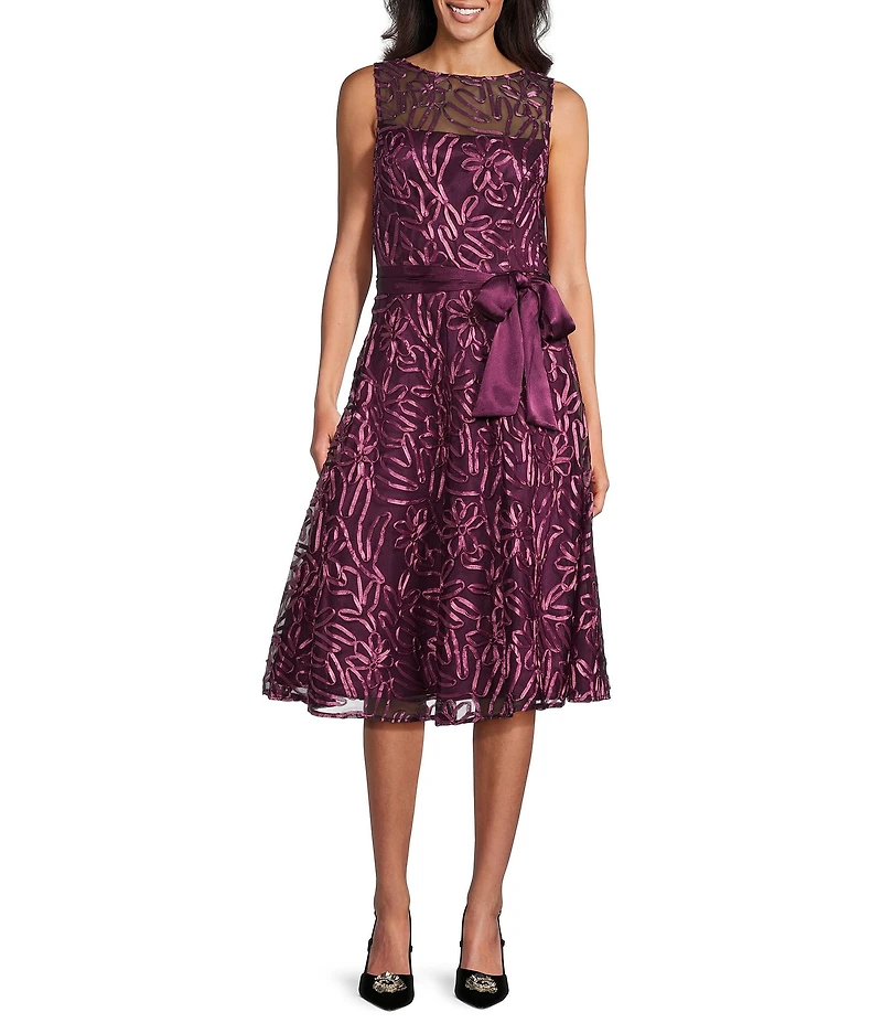 Jessica Howard Boatneck Sleeveless Tie Sash Floral Soutache Fit and Flare Dress