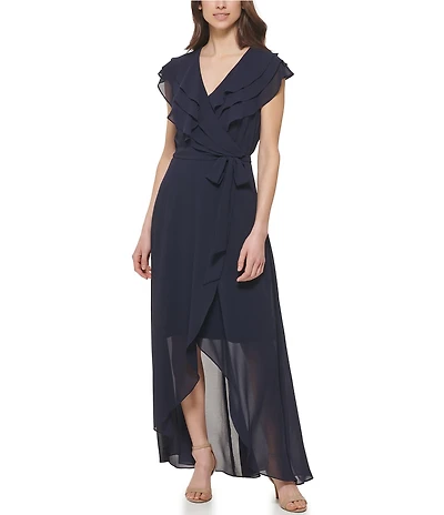 Jessica Howard Chiffon V-Neck Short Sleeve Ruffle Wrap Dress