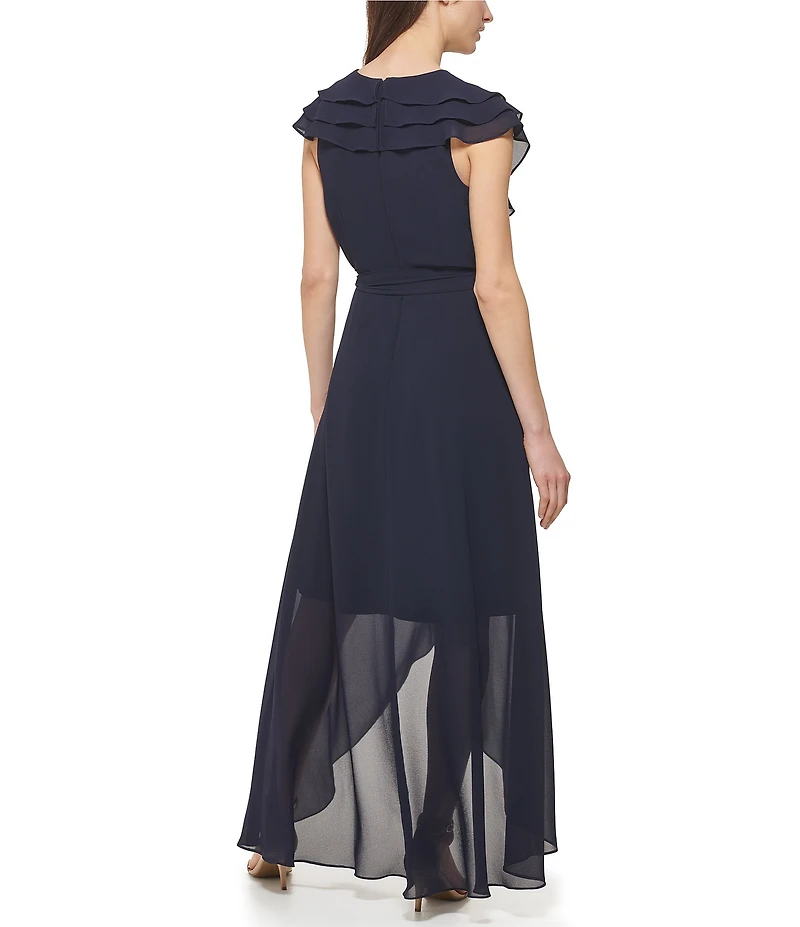 Jessica Howard Chiffon V-Neck Short Sleeve Ruffle Wrap Dress