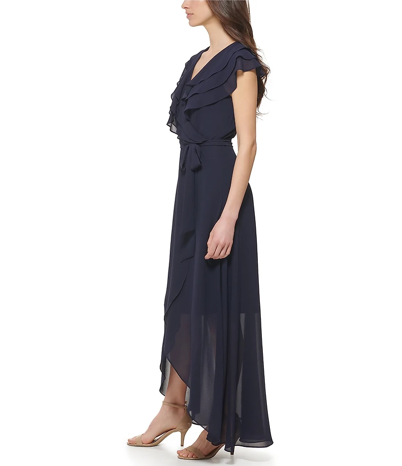 Jessica Howard Chiffon V-Neck Short Sleeve Ruffle Wrap Dress