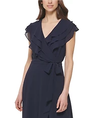 Jessica Howard Chiffon V-Neck Short Sleeve Ruffle Wrap Dress