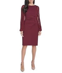 Jessica Howard Crepe Chiffon Pleated Long Sleeve Side Tuck Sheath Dress
