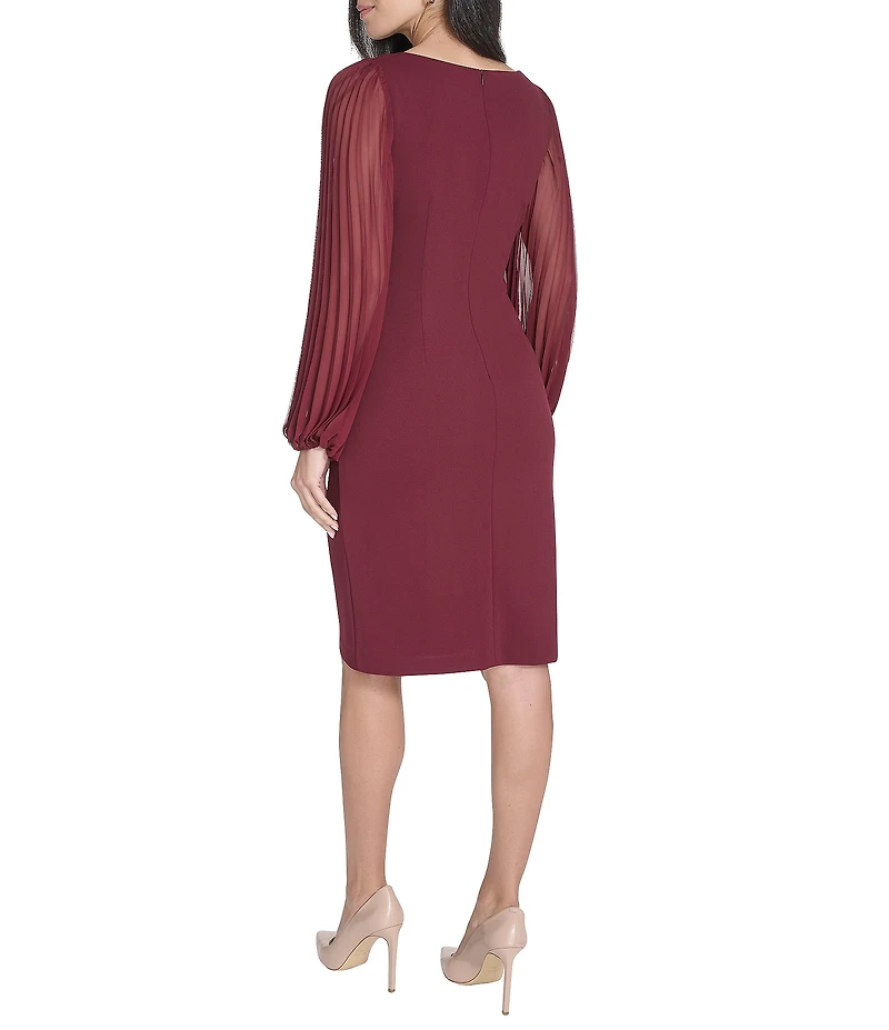 Jessica Howard Crepe Chiffon Pleated Long Sleeve Side Tuck Sheath Dress