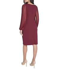 Jessica Howard Crepe Chiffon Pleated Long Sleeve Side Tuck Sheath Dress