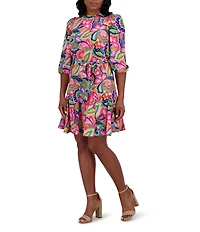 Jessica Howard Crew Neck 3/4 Sleeve Tie Sash Fit and Flare Godet Dress