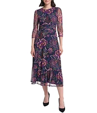 Jessica Howard Crew Neck Balloon Sleeve Ruched Waist Crepe Chiffon Dress