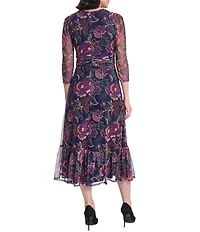 Jessica Howard Crew Neck Balloon Sleeve Ruched Waist Crepe Chiffon Dress