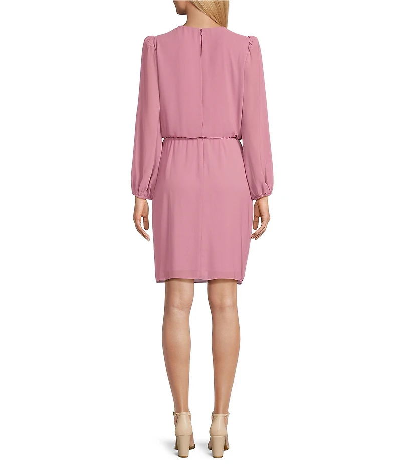 Jessica Howard Crew Neck Balloon Sleeve Spaghetti Tie Belt with Rhinestone Trim Souffle Chiffon Blouson Dress