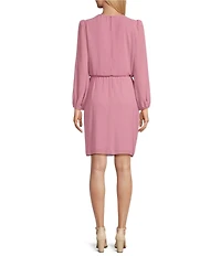 Jessica Howard Crew Neck Balloon Sleeve Spaghetti Tie Belt with Rhinestone Trim Souffle Chiffon Blouson Dress
