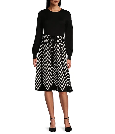 Jessica Howard Crew Neck Long Sleeve Fit and Flare Midi Sweater Dress