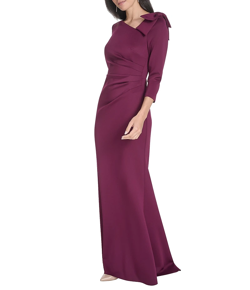 Jessica Howard 3/4 Sleeve Asymmetrical Neck Bow Shoulder Side Tuck Gown