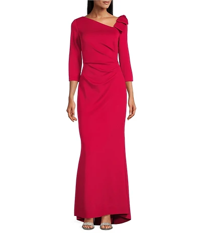 Jessica Howard 3/4 Sleeve Asymmetrical Neck Bow Shoulder Side Tuck Gown
