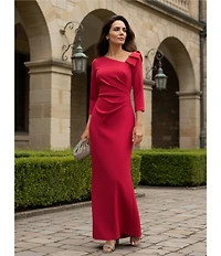 Jessica Howard 3/4 Sleeve Asymmetrical Neck Bow Shoulder Side Tuck Gown