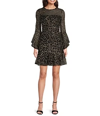 Jessica Howard Embellished Mesh Round Neck 3/4 Bell Sleeve Flounce Hem Dress