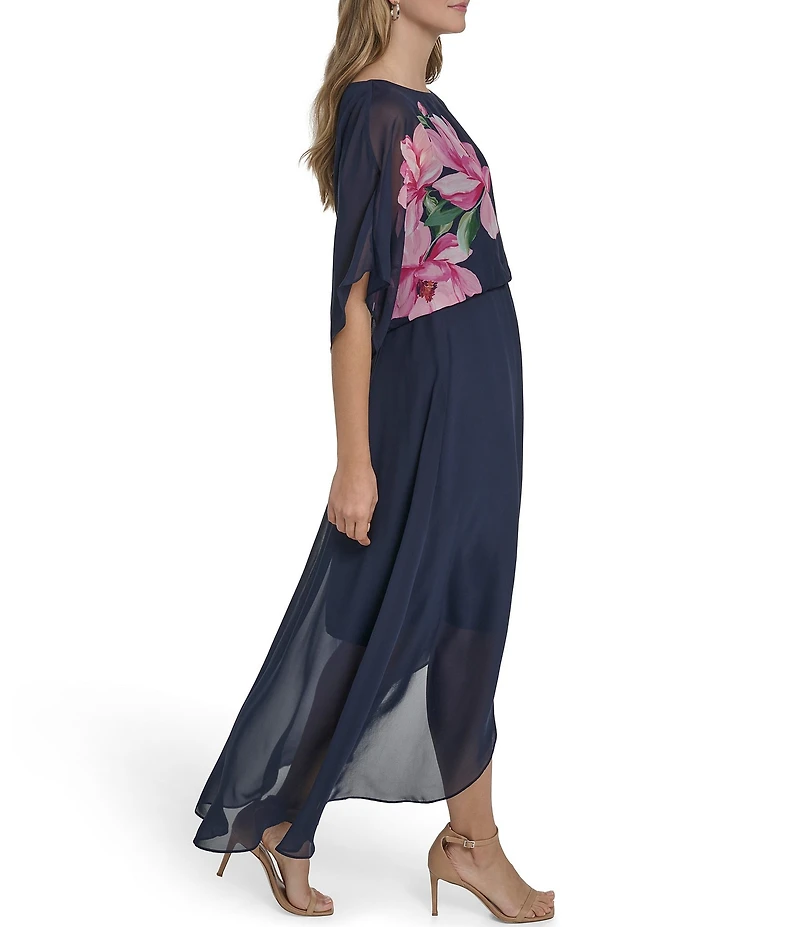 Jessica Howard Floral Chiffon Boat Neck 3/4 Sleeve Blouson Knee Length Dress