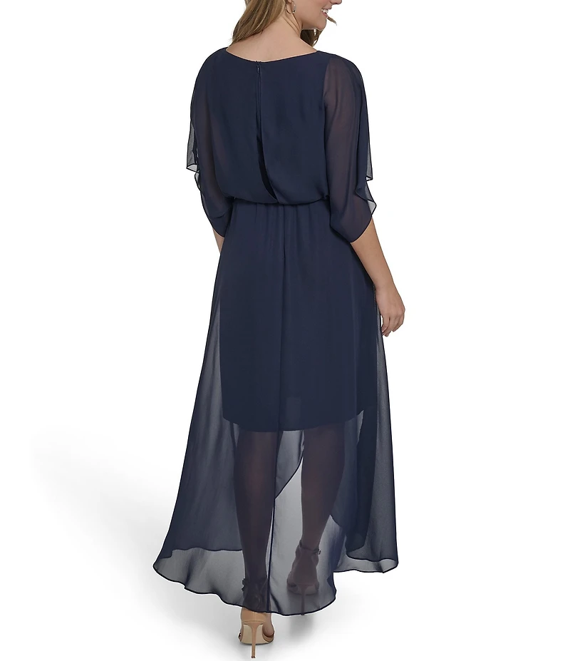 Jessica Howard Floral Chiffon Boat Neck 3/4 Sleeve Blouson Knee Length Dress