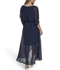 Jessica Howard Floral Chiffon Boat Neck 3/4 Sleeve Blouson Knee Length Dress