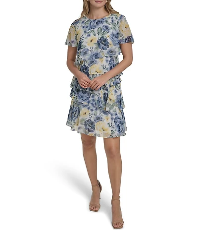 Jessica Howard Floral Chiffon Boat Neck Flutter Sleeve Tiered Dress