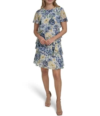 Jessica Howard Floral Chiffon Boat Neck Flutter Sleeve Tiered Dress