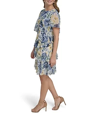 Jessica Howard Floral Chiffon Boat Neck Flutter Sleeve Tiered Dress