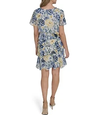 Jessica Howard Floral Chiffon Boat Neck Flutter Sleeve Tiered Dress