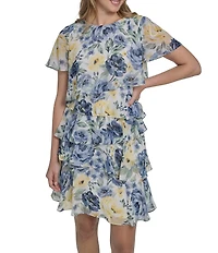 Jessica Howard Floral Chiffon Boat Neck Flutter Sleeve Tiered Dress
