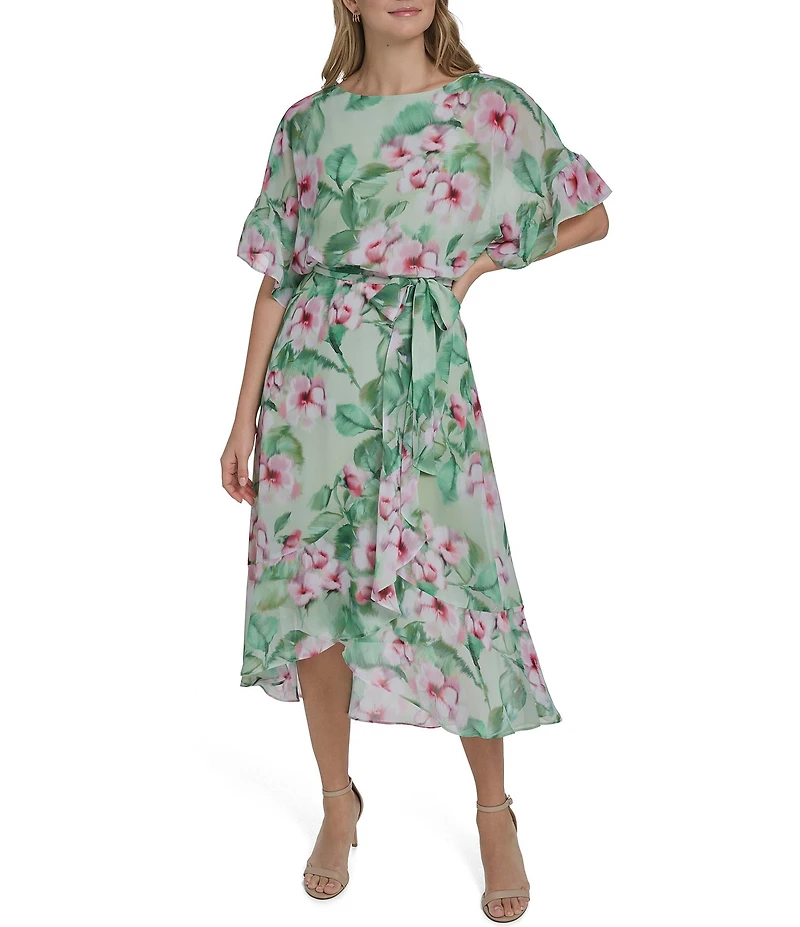 Jessica Howard Floral Chiffon Round Neck Ruffle Elbow Sleeve Blouson Midi Dress