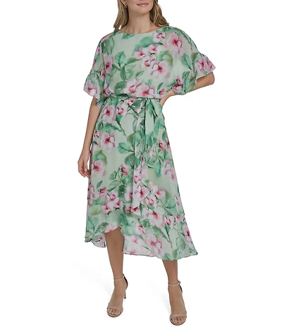 Jessica Howard Floral Chiffon Round Neck Ruffle Elbow Sleeve Blouson Midi Dress