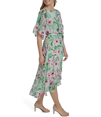 Jessica Howard Floral Chiffon Round Neck Ruffle Elbow Sleeve Blouson Midi Dress