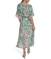 Jessica Howard Floral Chiffon Round Neck Ruffle Elbow Sleeve Blouson Midi Dress