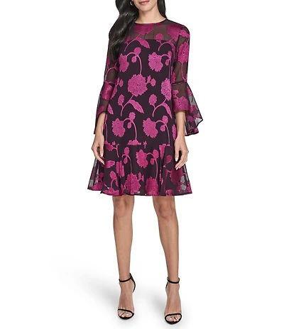 Jessica Howard Floral Embroidered Chiffon Illusion Yoke 3/4 Sleeve A-Line Dress