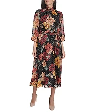 Jessica Howard Floral Foil Chiffon Smocked Mock Neck Long Sleeve Belted Midi Dress