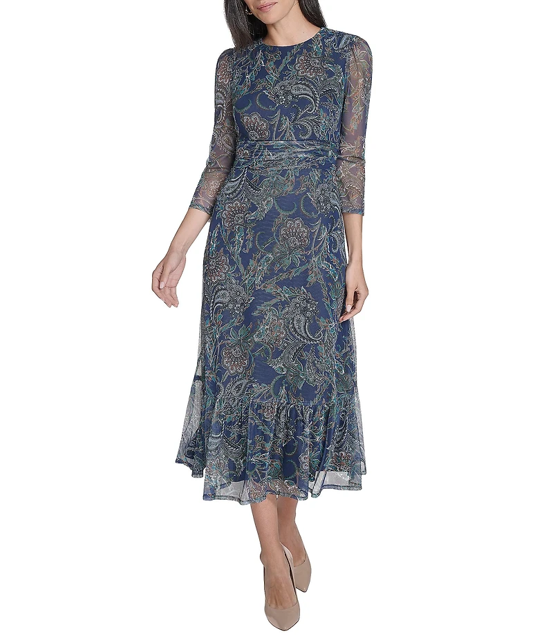 Jessica Howard Floral Mesh Ruched Waist Midi Dress