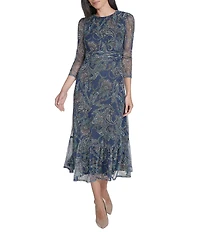 Jessica Howard Floral Mesh Ruched Waist Midi Dress