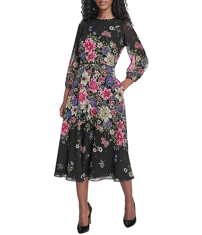 Jessica Howard Floral Print Chiffon Round Neck Balloon Long Sleeve Dress