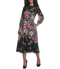 Jessica Howard Floral Print Chiffon Round Neck Balloon Long Sleeve Dress