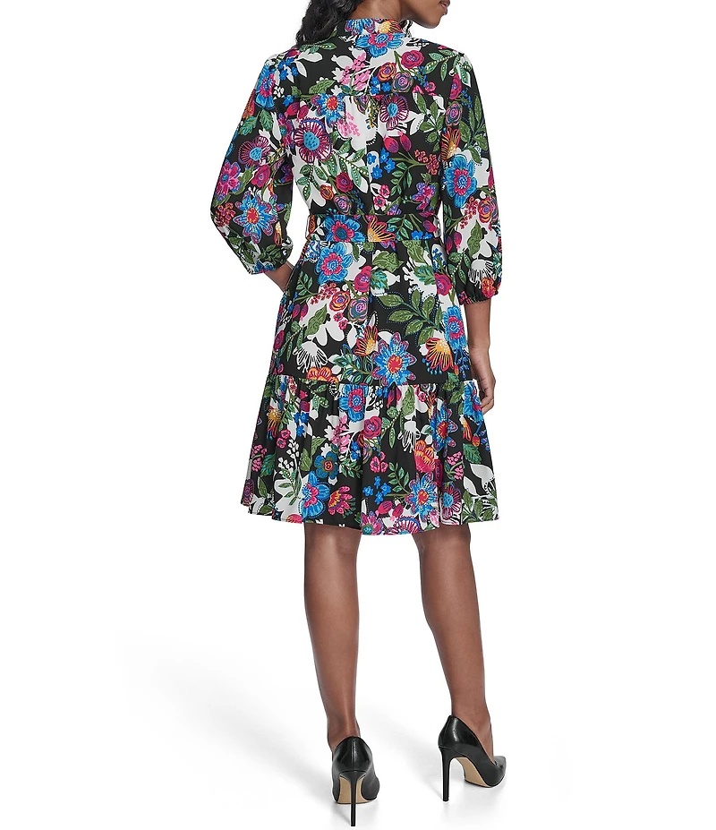 Jessica Howard Floral Print Crepe De Chine 3/4 Balloon Sleeve Fit And Flare Dress