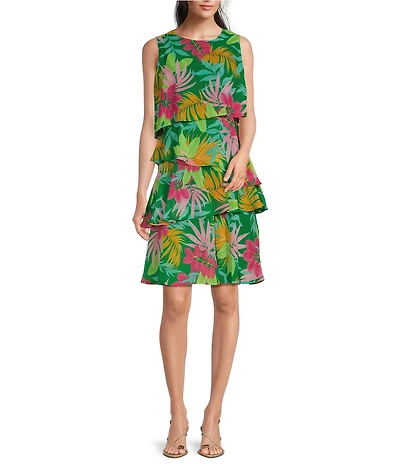 Jessica Howard Floral Print Crew Neck Sleeveless Tiered Chiffon Dress