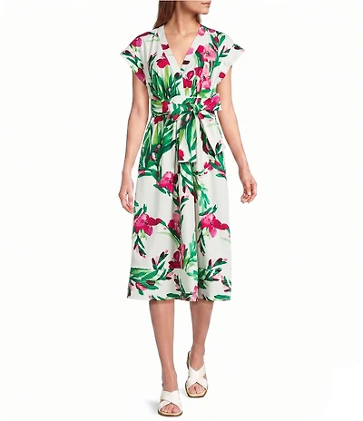 Jessica Howard Floral Print Dolman Sleeve V Neck Midi Dress