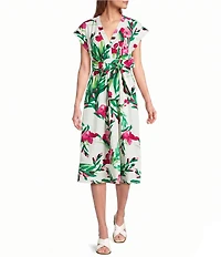 Jessica Howard Floral Print Dolman Sleeve V Neck Midi Dress
