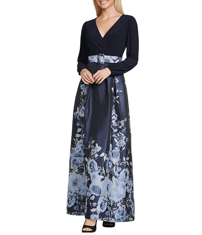 Jessica Howard Floral Print Knit Jersey Surplice Neck Long Sleeve Jacquard Belted Ball Gown