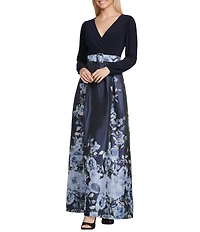 Jessica Howard Floral Print Knit Jersey Surplice Neck Long Sleeve Jacquard Belted Ball Gown