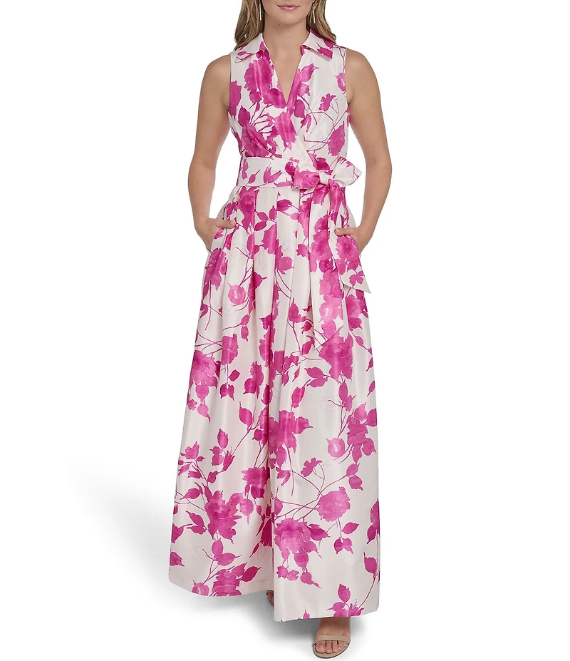 Jessica Howard Floral Print Shantung Collared Long Dress