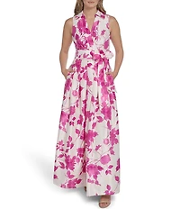 Jessica Howard Floral Print Shantung Collared Long Dress